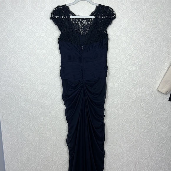 Adrianna Papell Lace Yoke Gown Drapped Dress Lacey Navy Blue Rouched Maxi - Picture 8 of 10